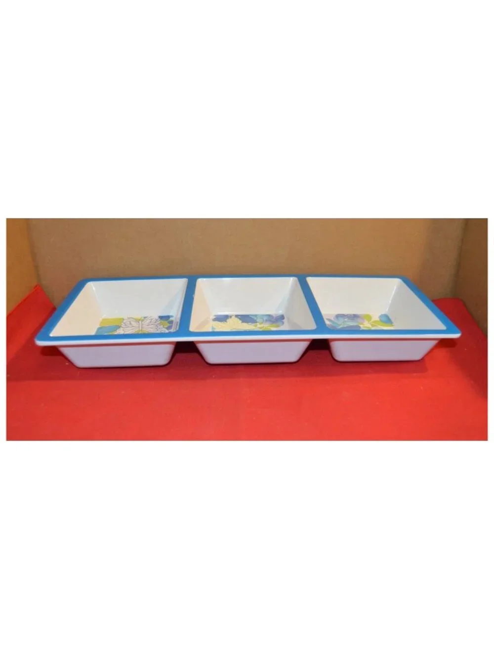 3 Compartment Condiment Dip Sauce Serving Tray Butterflies Melamine ~14-3/4